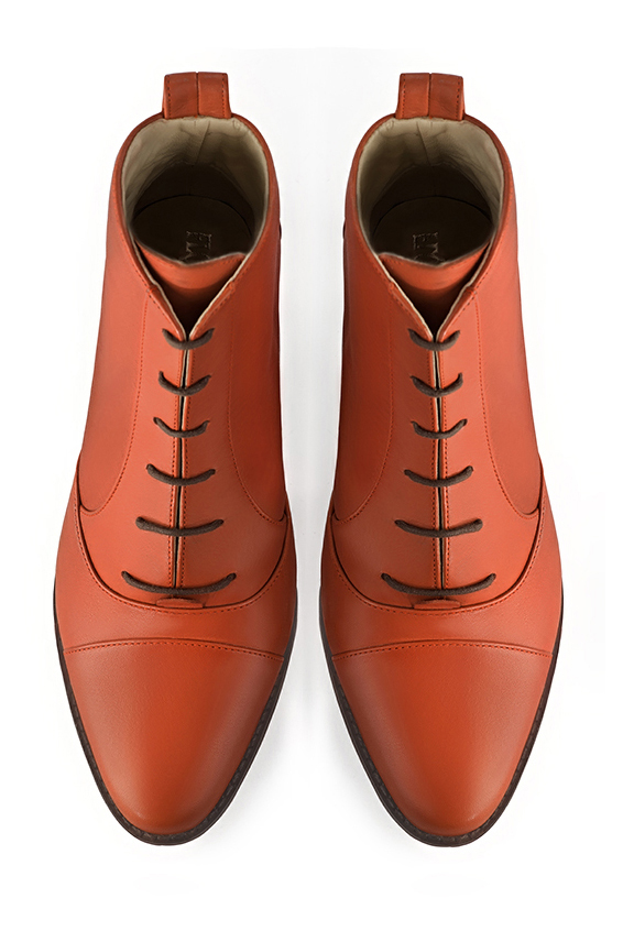 Terracotta orange women's ankle boots with laces at the front. Round toe. Flat leather soles. Top view - Florence KOOIJMAN